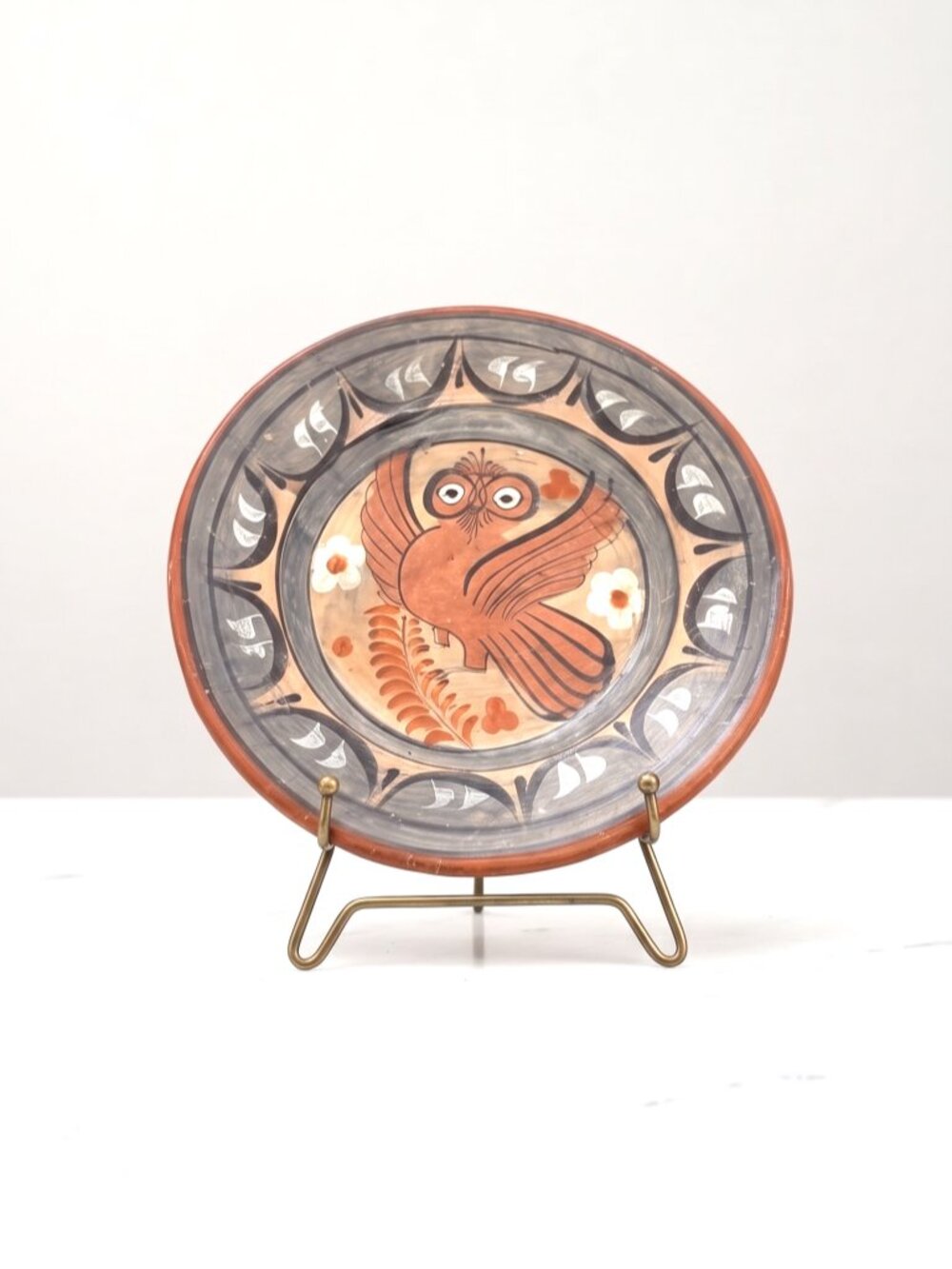Antique Mexican Pottery Hand Painted Folk Art Bird Plate Platter Tray 11.75 Inch